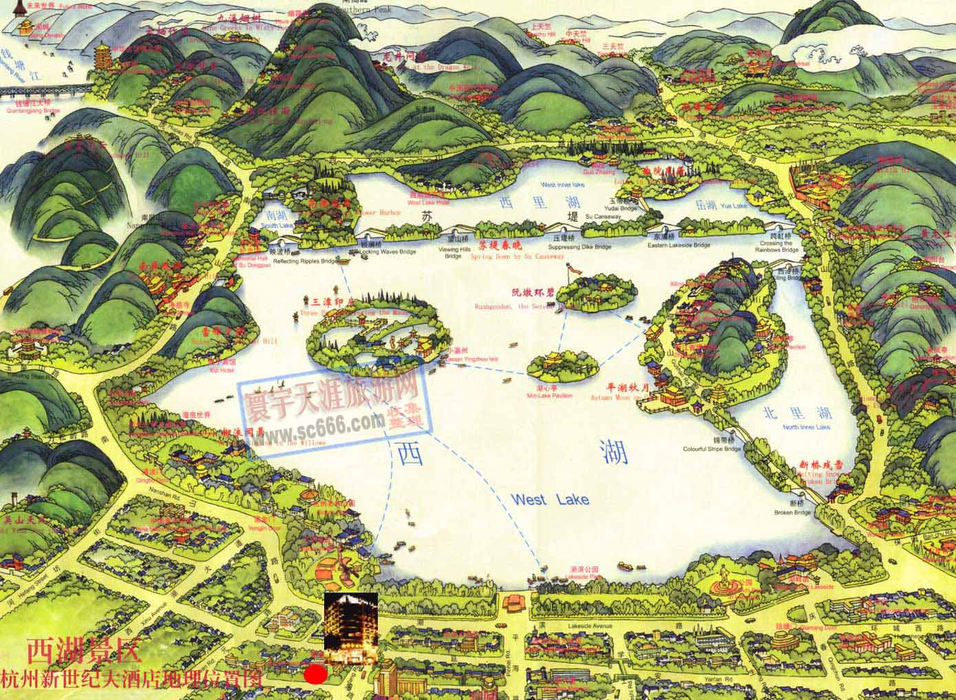 杭州西湖地形图; 西湖旅游地图; 西湖