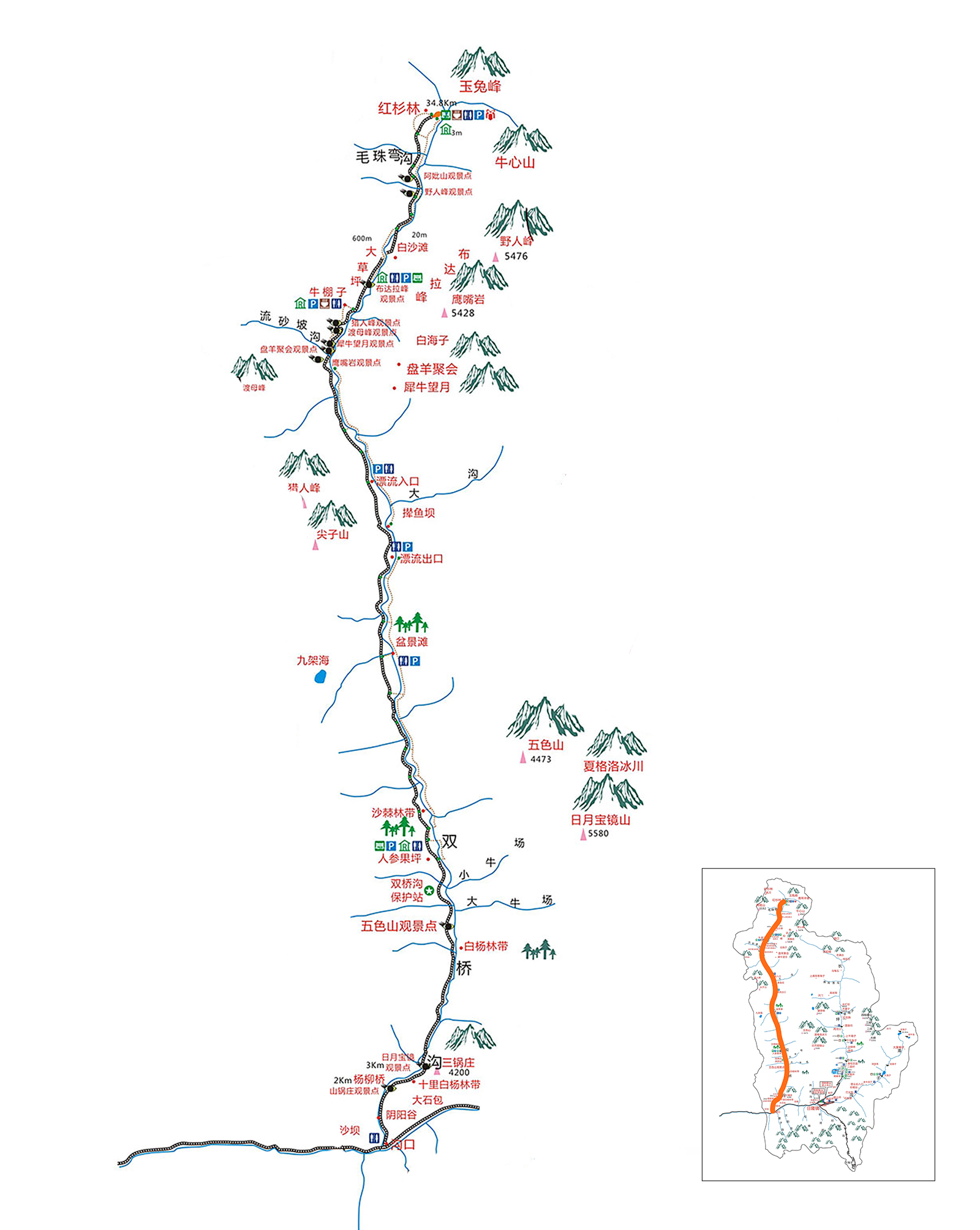 四姑娘山双桥沟+长坪沟+丹巴甲居藏寨+塔公草原+新都桥+4日游,图片,双桥沟景区导游图