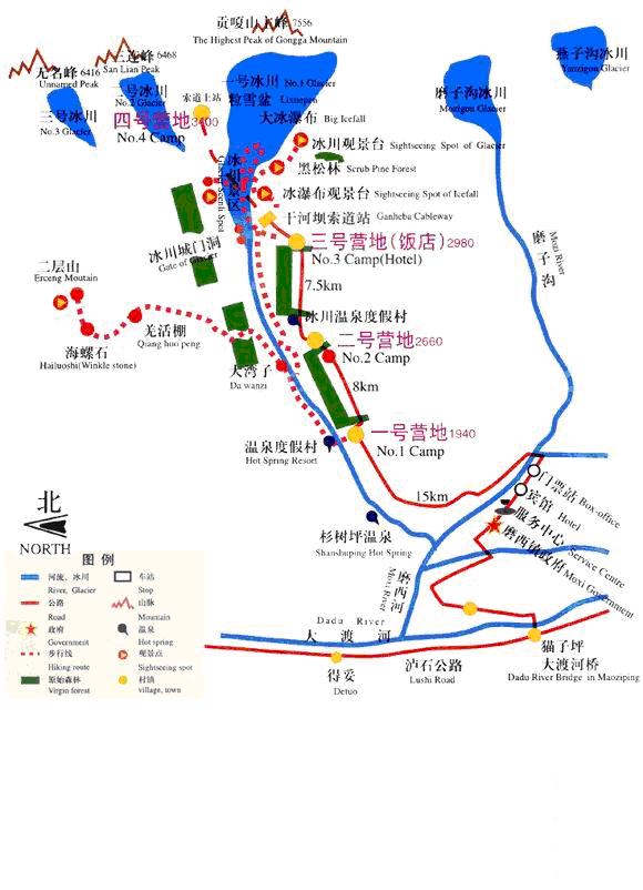 海螺沟、康定（木格措）、稻城、亚丁、新都桥、塔公、丹巴（甲居藏寨）、四姑娘山（双桥沟、长坪沟）十日游,图片,海螺沟导游图